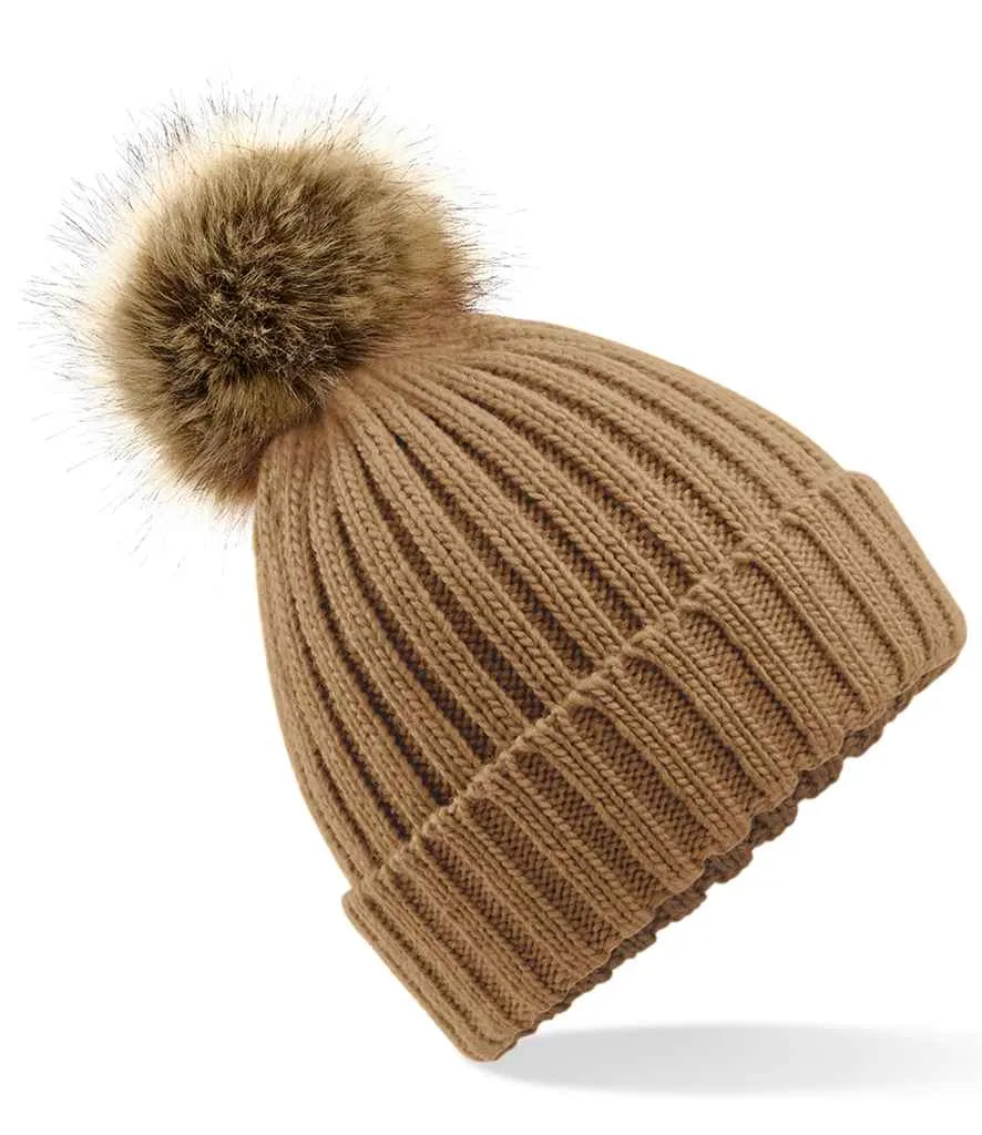 Beechfield Faux Fur Pop Pom Chunky Beanie | Biscuit