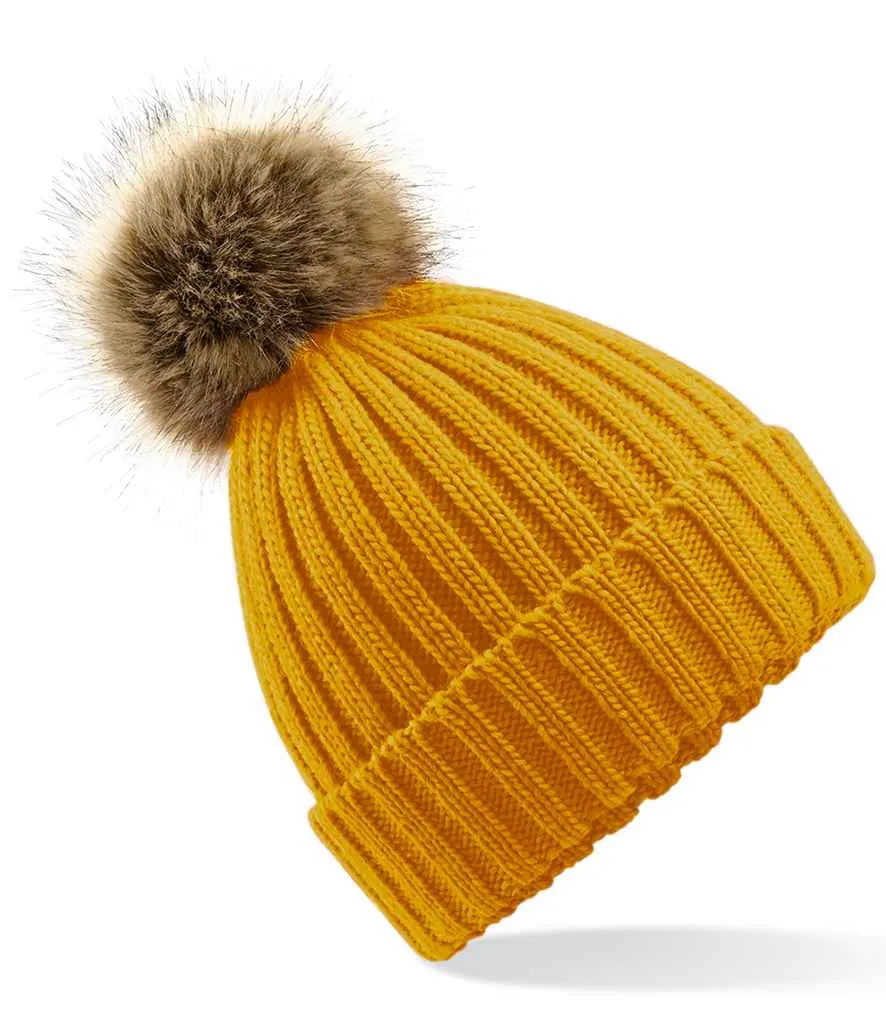 Beechfield Faux Fur Pop Pom Chunky Beanie | Mustard