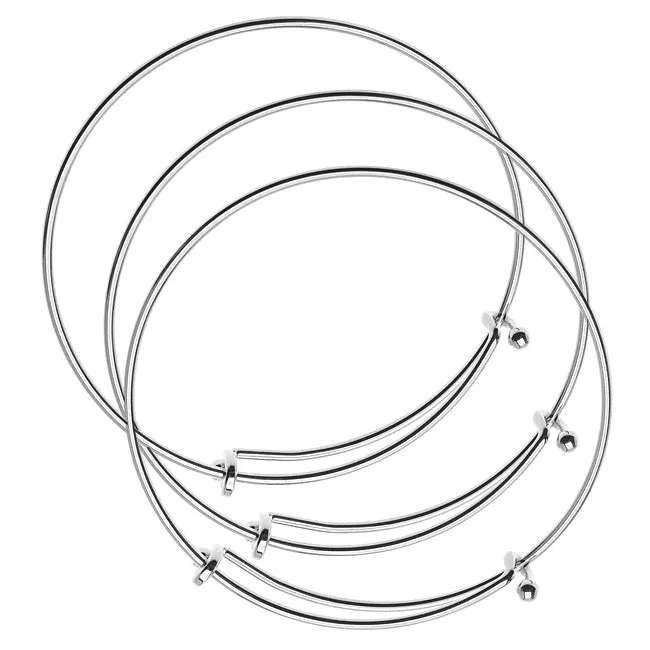 Expandable Charm Bangle Bracelets, Double Bar, 3 Bracelets, Bright Silver