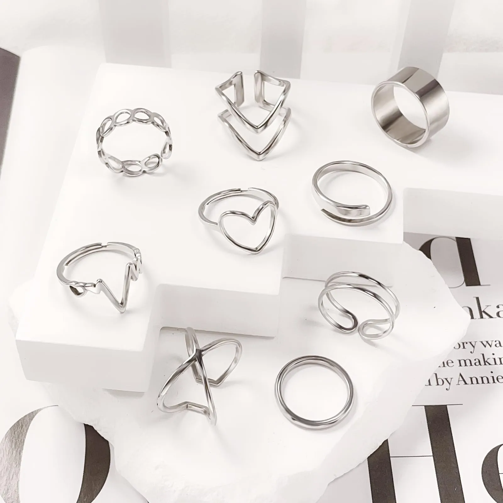Loqimu 8 Pack Stainless Steel Rings Set for Women Silver Aesthetic Jewelry Rings Adjustable Stackable Rings for Teen Girls Trendy Knuckle Thumb Finger Rings Size 8 9 7 10 Indie rings
