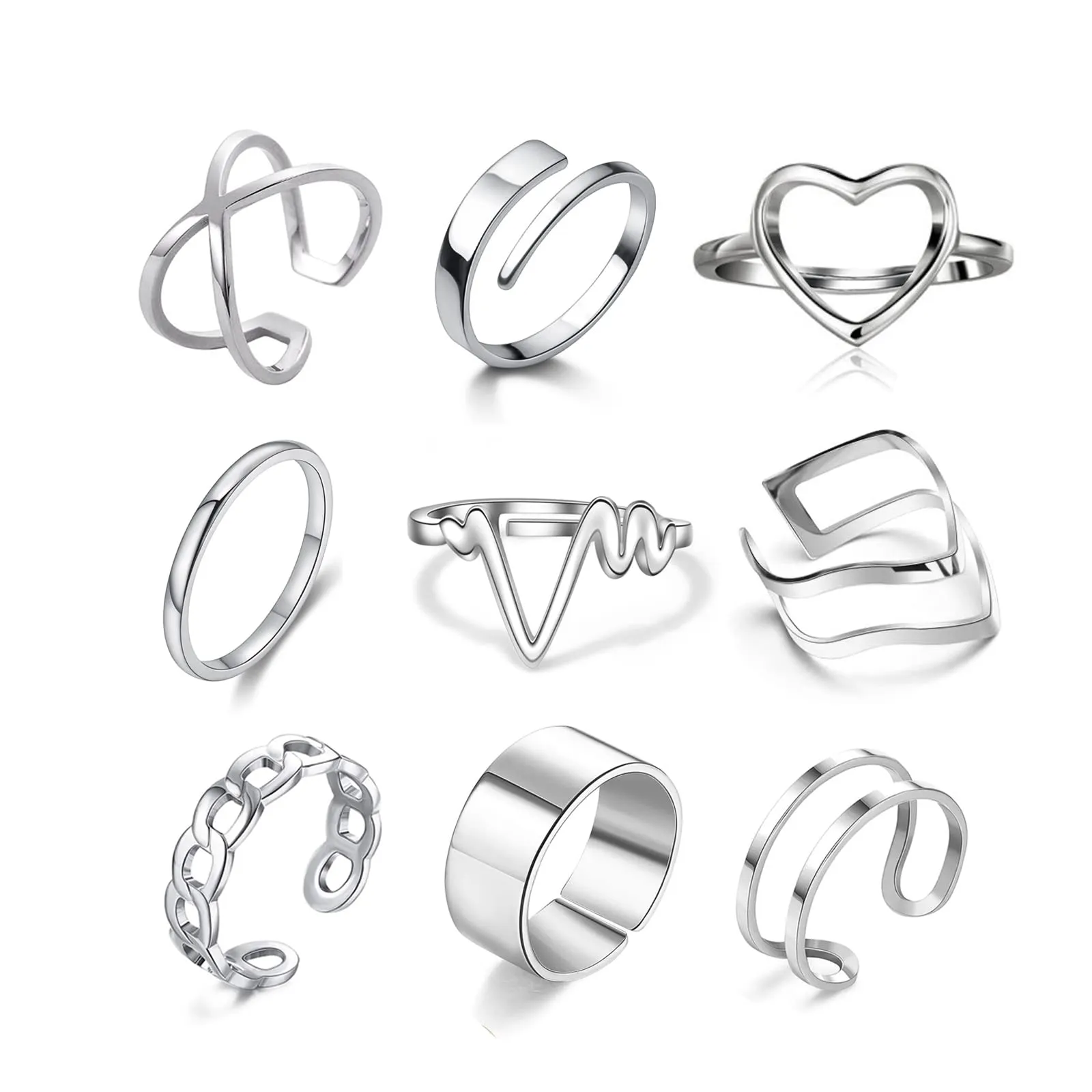 Loqimu 8 Pack Stainless Steel Rings Set for Women Silver Aesthetic Jewelry Rings Adjustable Stackable Rings for Teen Girls Trendy Knuckle Thumb Finger Rings Size 8 9 7 10 Indie rings