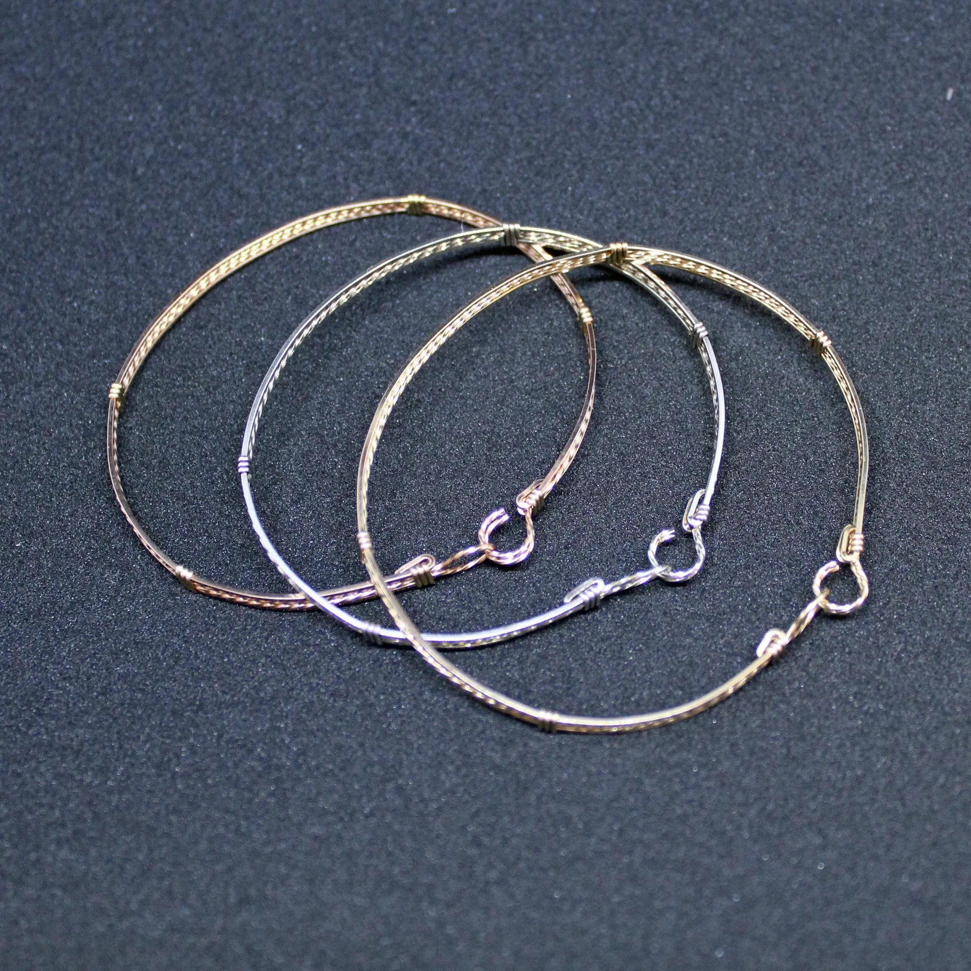 Rose Gold, Yellow Gold & Sterling Silver Thin Wire Wrapped Stackable 3 Bracelets Set - STTS