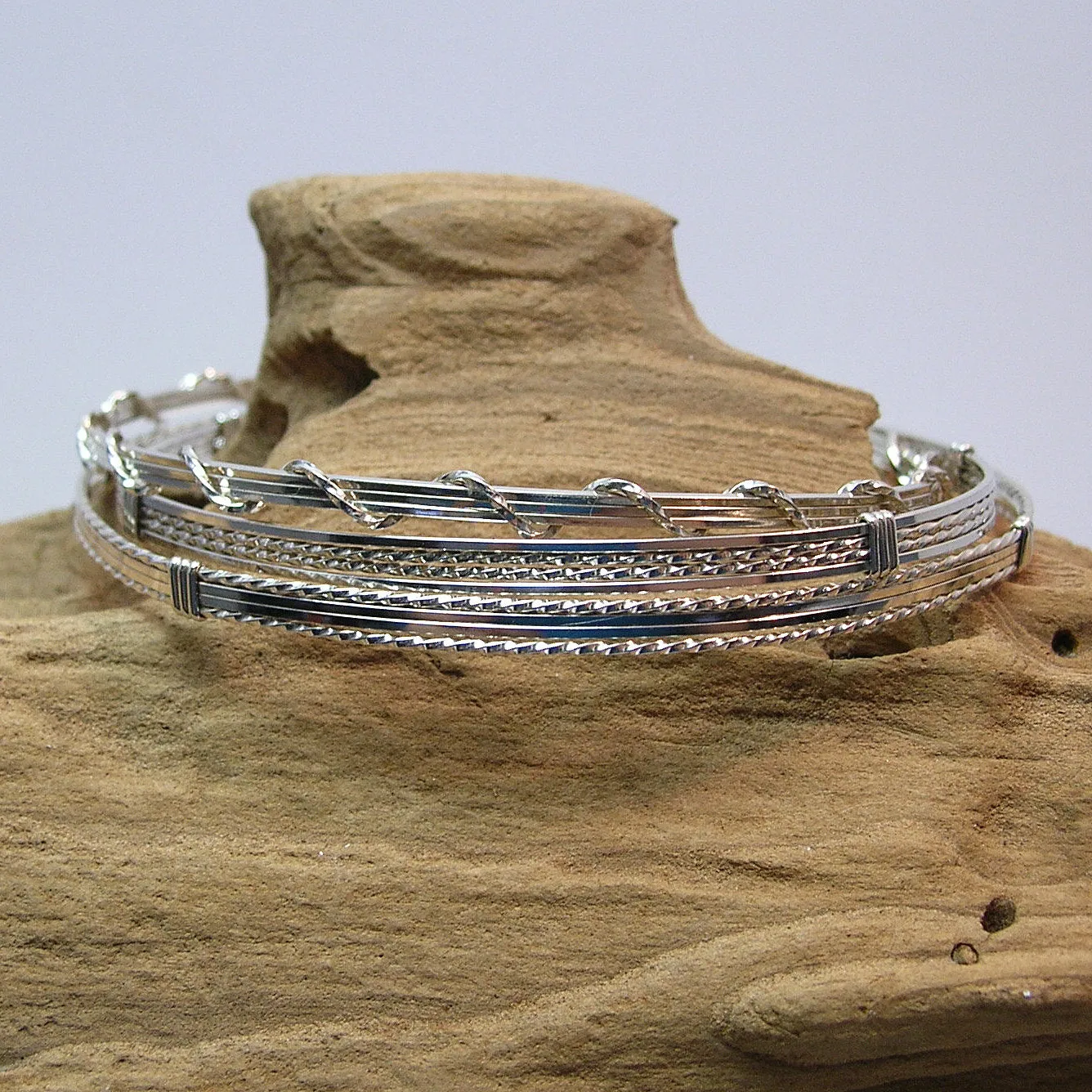 Sterling Silver 4-Strand Wire Wrapped Stackable 3 Bracelets Set
