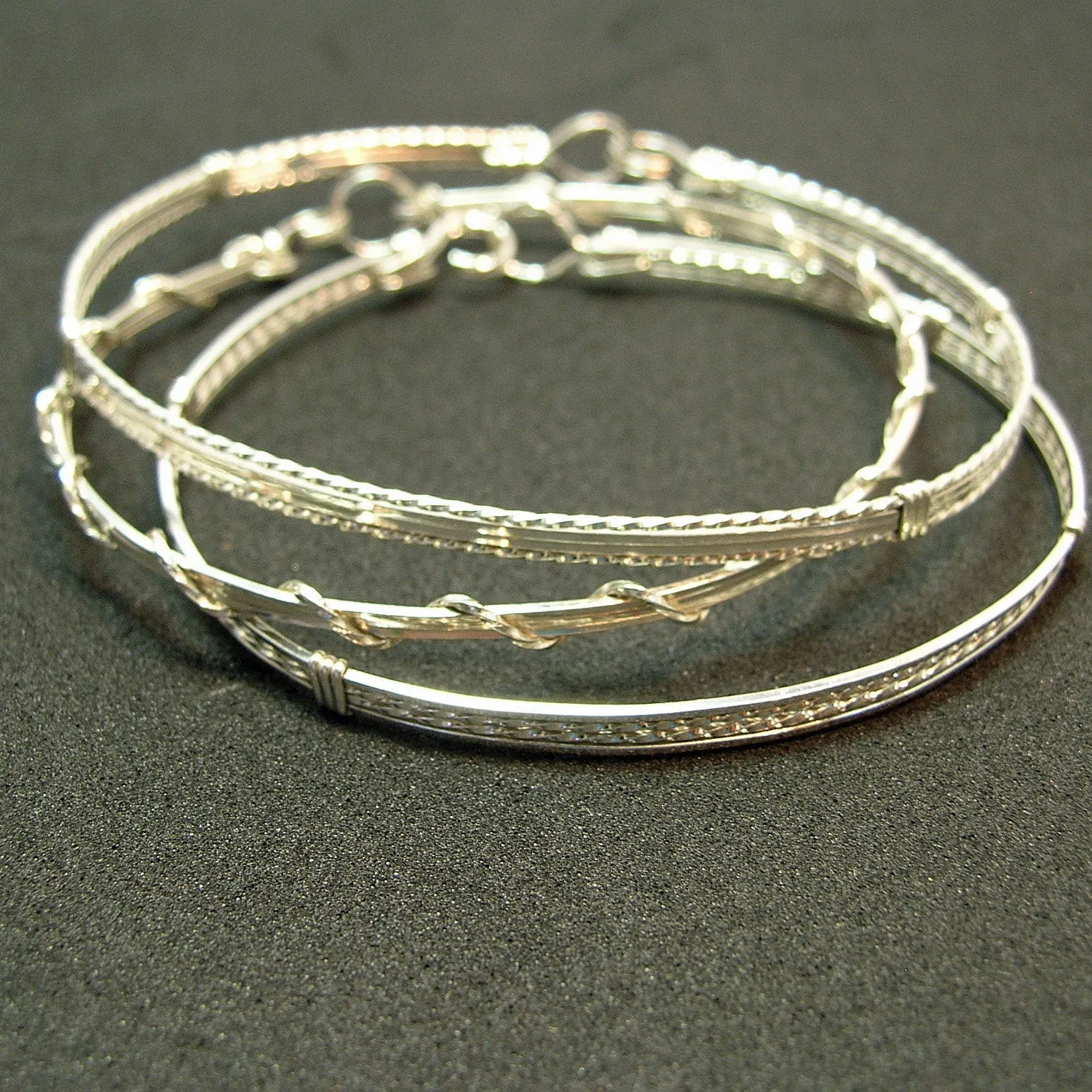 Sterling Silver 4-Strand Wire Wrapped Stackable 3 Bracelets Set