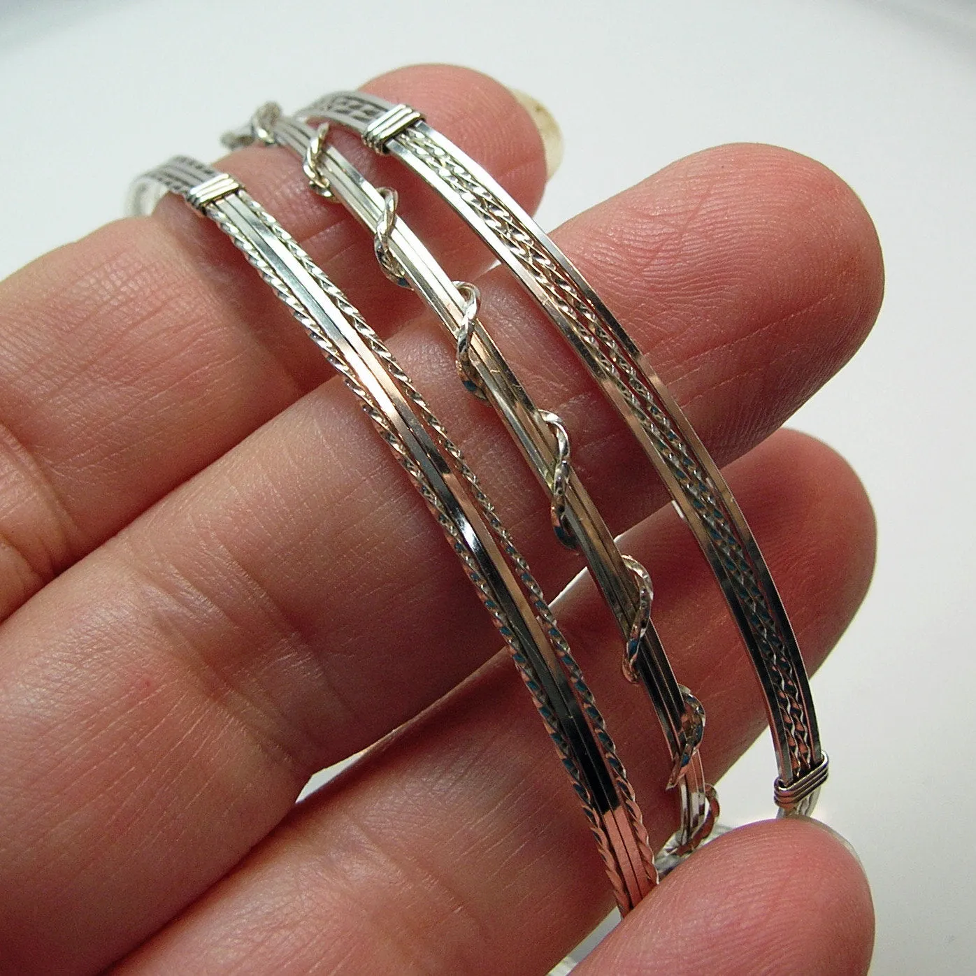 Sterling Silver 4-Strand Wire Wrapped Stackable 3 Bracelets Set